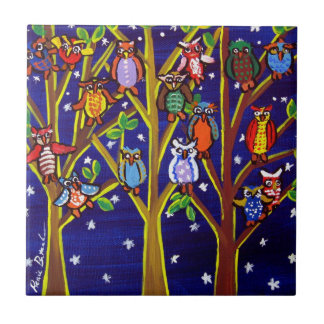 Night Träd Ugglor Whimsical People Art Tile Kakelplatta