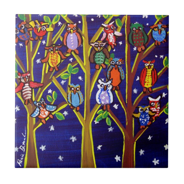 Night Träd Ugglor Whimsical People Art Tile Kakelplatta (Framsidan)