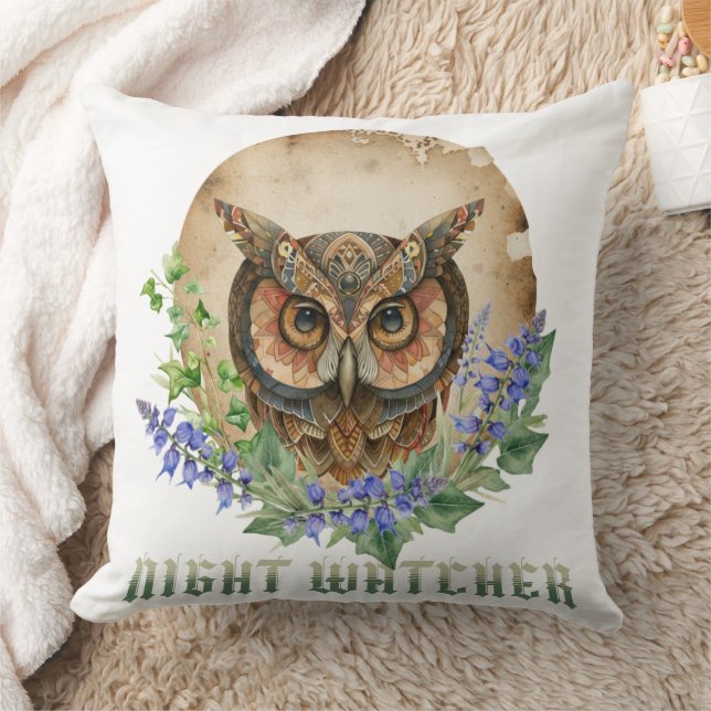 Night Watcher Boho Owl Illustration Kudde (Filt)