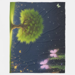 Night Willow Träd w/butterflies and fireflies Fleecefilt