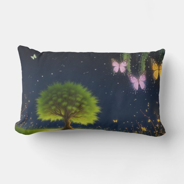 Night Willow Träd w/ butterflies och fireflies Lumbarkudde (Framsida)
