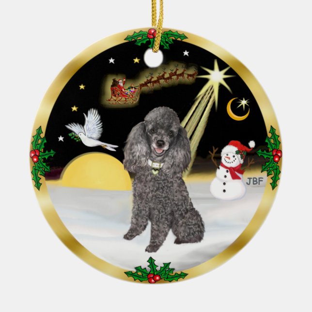 NightFlight- Silver Miniatyr eller Toy Poodle Julgransprydnad Keramik (Framsidan)