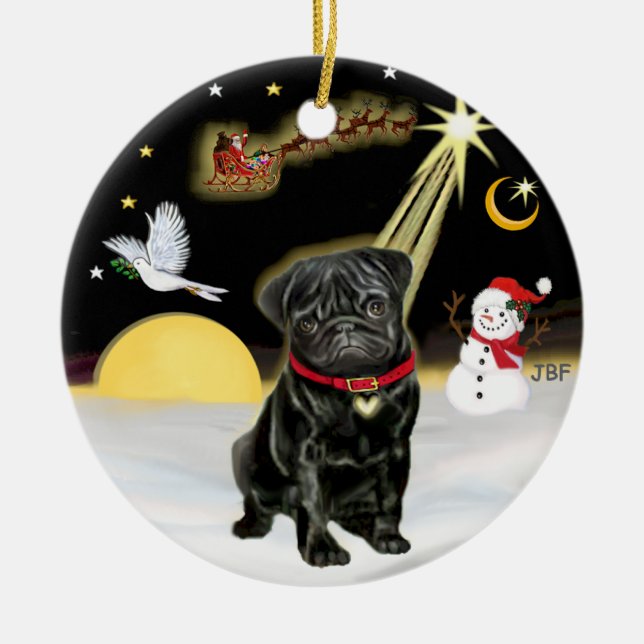 NightFlight- Svart Pug (#13) Julgransprydnad Keramik (Framsidan)