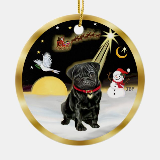 NightFlight- Svart Pug (#13) Julgransprydnad Keramik (Framsidan)