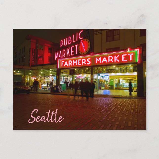 Nightime Scene Seattle Public Market Vykort (Framsida)