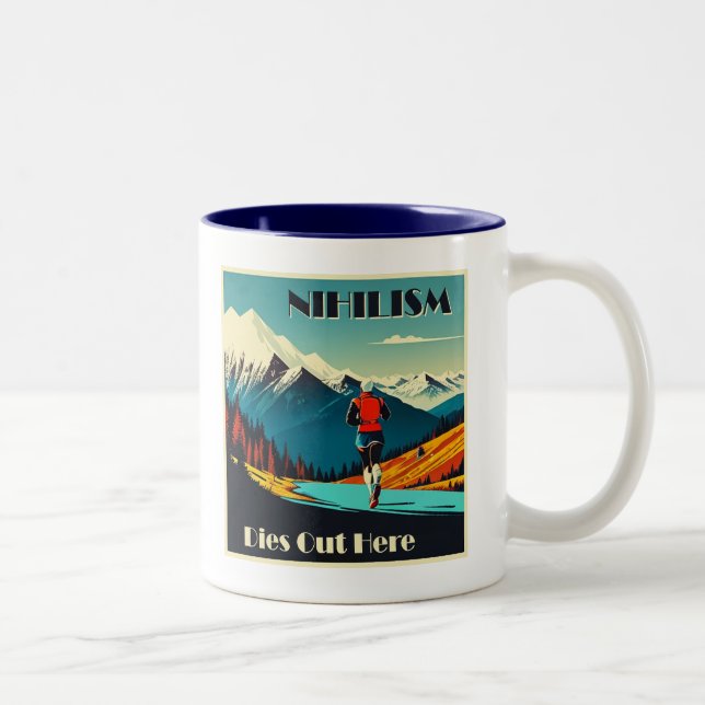 Nihilism dör här ute och springer Två-Tonad mugg (Höger)