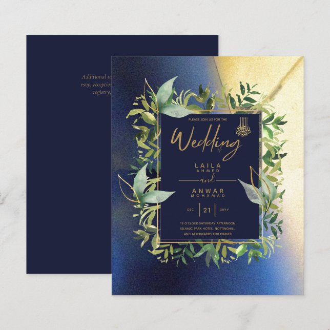 NIKAH - Blåa Guld islamiska bröllopsinbjudningar (Fram/baksida)