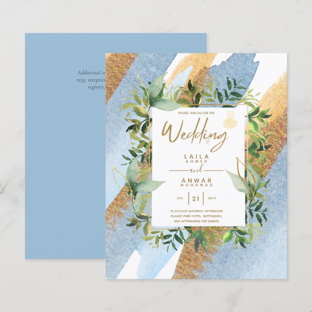NIKAH - Blåa Guld islamiska bröllopsinbjudningar (Fram/baksida)