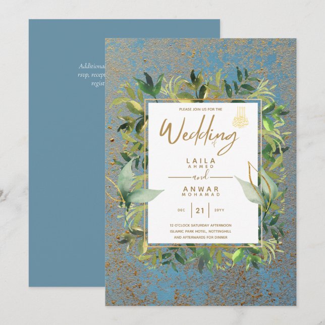 NIKAH - Blåa Guld islamiska bröllopsinbjudningar Inbjudningar (Fram/baksida)
