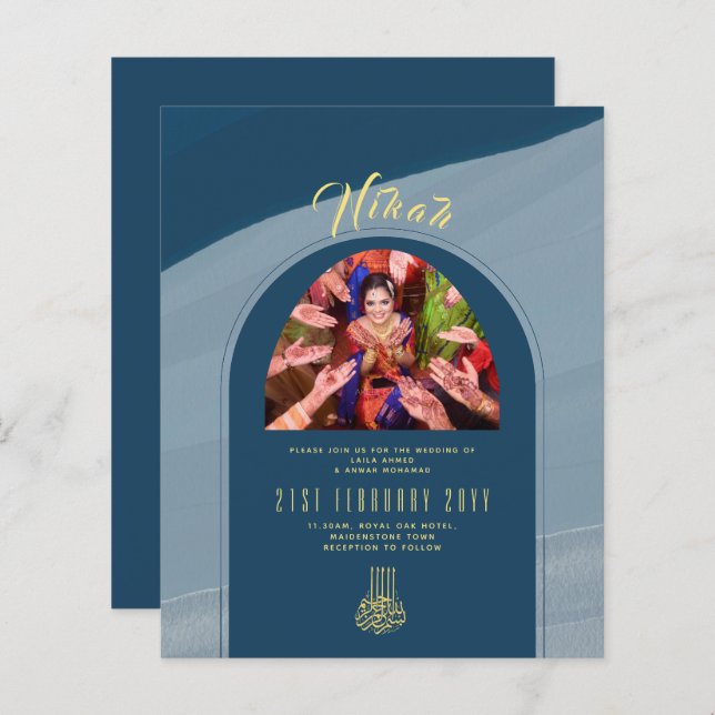NIKAH Blue Guld PHOTO bröllopsinbjudan (Fram/baksida)