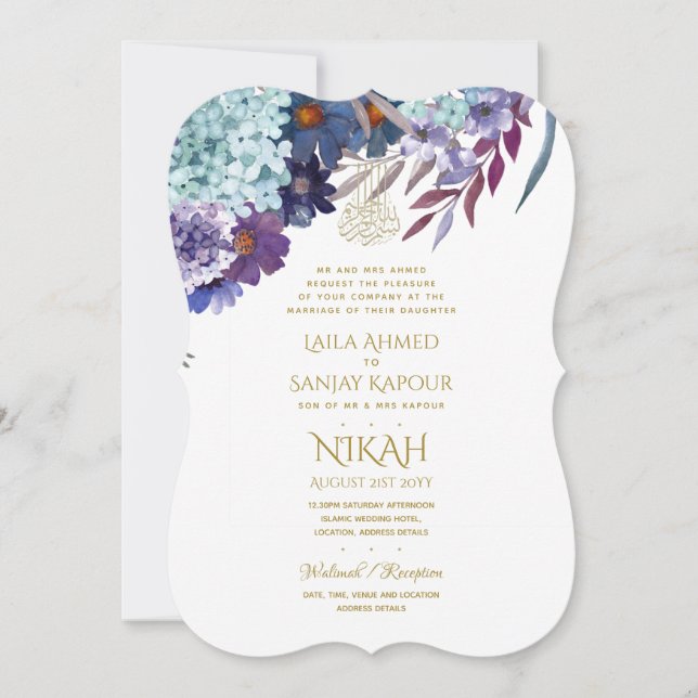 NIKAH Bröllop - Walimah Lila Blommigt Guld Inbjudningar (Framsida)