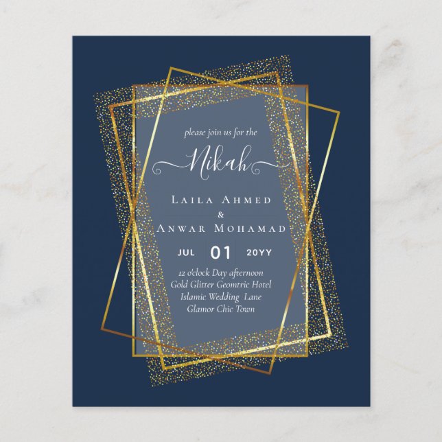 NIKAH - BUDGET Inbjudningar - GULD Glitter Ram Flygblad (Framsidan)