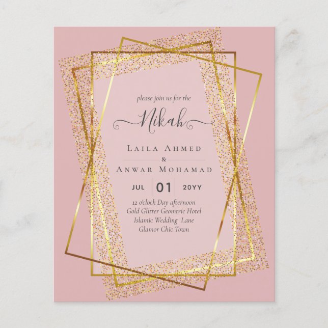 NIKAH - BUDGETInbjudningskorten - GULD Glitter Ram Flygblad (Framsidan)