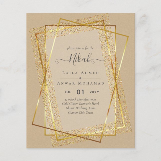 NIKAH - BUDGETInbjudningskorten - GULD Glitter Ram Flygblad (Framsidan)