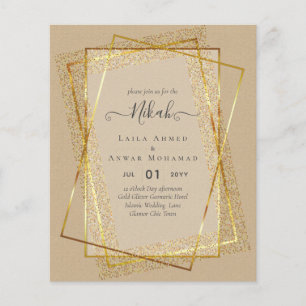 NIKAH - BUDGETInbjudningskorten - GULD Glitter Ram Flygblad