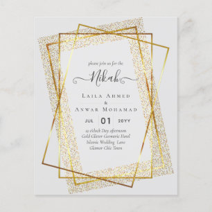 NIKAH - BUDGETInbjudningskorten - GULD Glitter Ram Flygblad