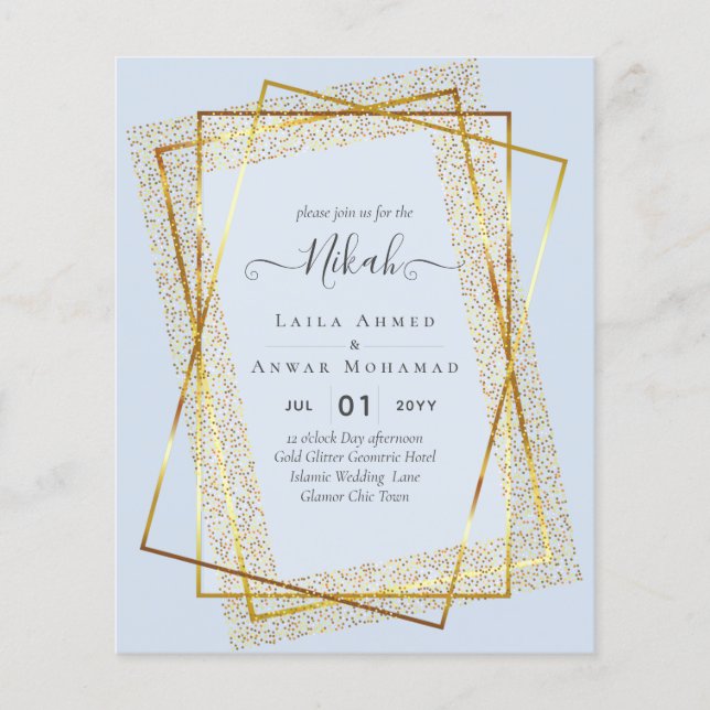 NIKAH - BUDGETInbjudningskorten - GULD Glitter Ram Flygblad (Framsidan)