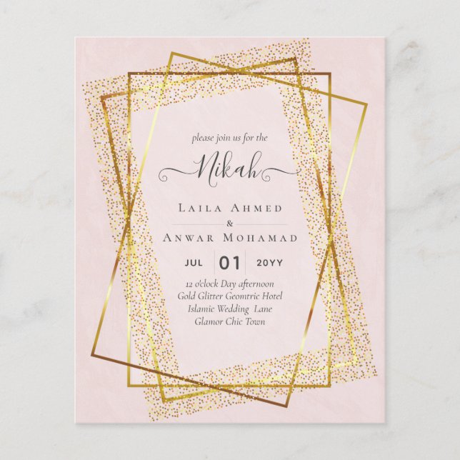 NIKAH - BUDGETInbjudningskorten - GULD Glitter Ram Flygblad (Framsidan)