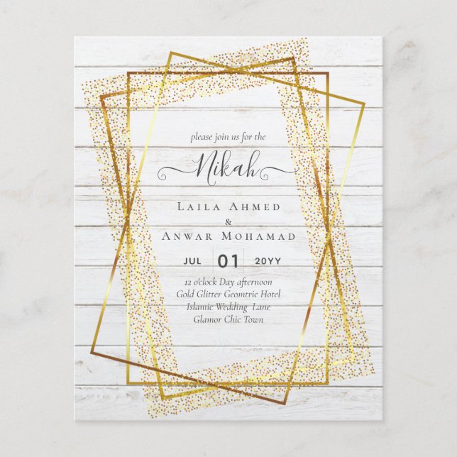NIKAH - BUDGETInbjudningskorten - GULD Glitter Ram Flygblad (Framsidan)