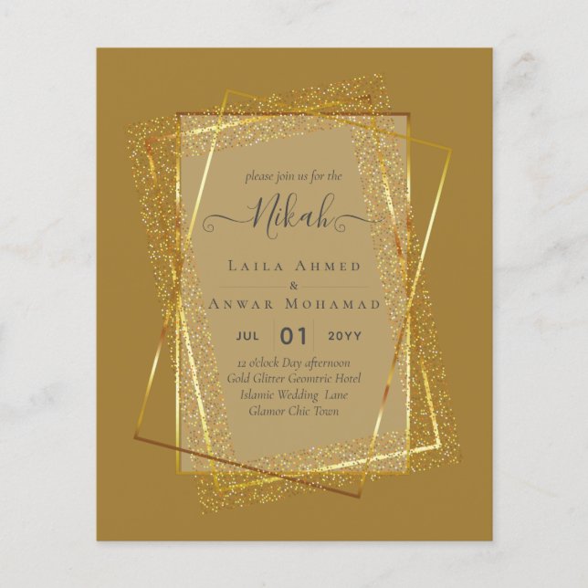 NIKAH - BUDGETInbjudningskorten - GULD Glitter Ram Flygblad (Framsidan)