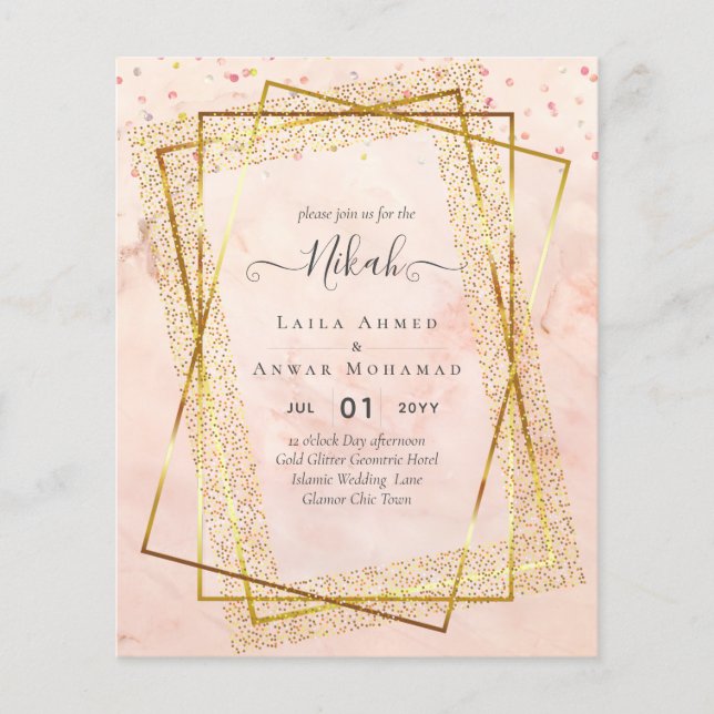 NIKAH - BUDGETInbjudningskorten - GULD Glitter Ram Flygblad (Framsidan)