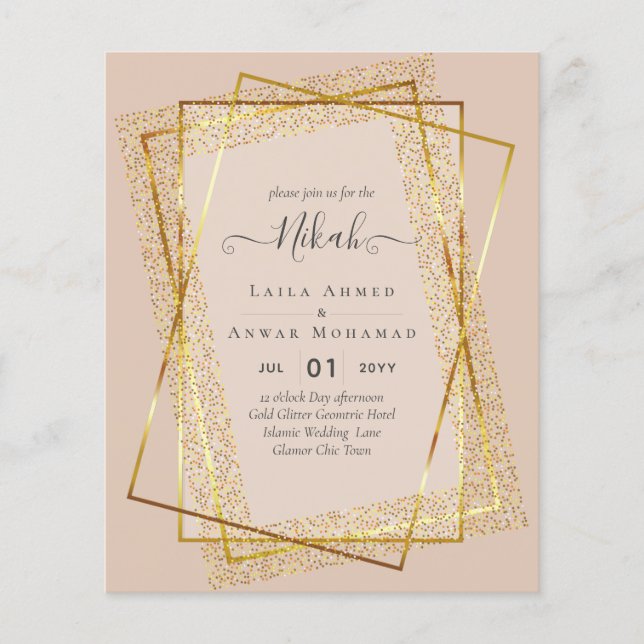 NIKAH - BUDGETInbjudningskorten - GULD Glitter Ram Flygblad (Framsidan)
