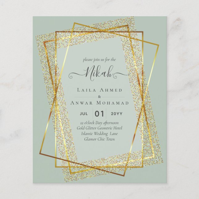 NIKAH - BUDGETInbjudningskorten - GULD Glitter Ram Flygblad (Framsidan)