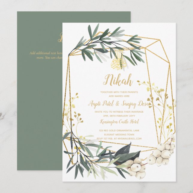 Nikah - inbjudan till Guld Greenery Islamic Motif  (Fram/baksida)