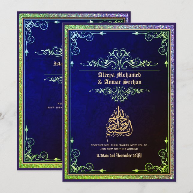 NIKAH - islamic Bröllop Calligraphy Blue Guld Inbjudningar (Fram/baksida)