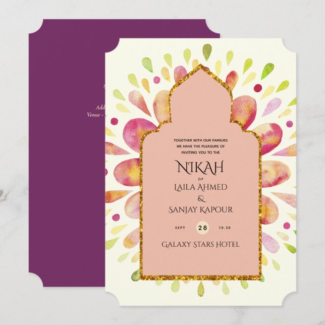 NIKAH - Modern Mandala Berry Guld Bröllop invigati Inbjudningar (Fram/baksida)