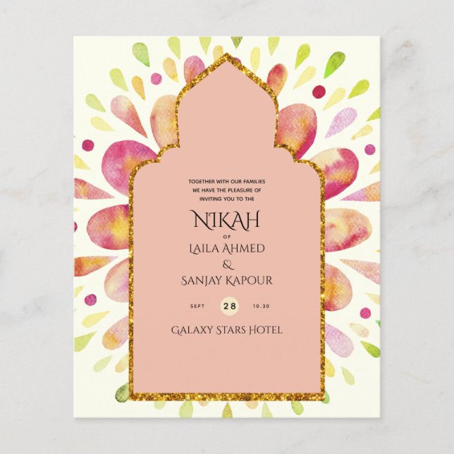 NIKAH - Modern Mandala Berry Guld bröllopsinbjudan Flygblad (Framsidan)