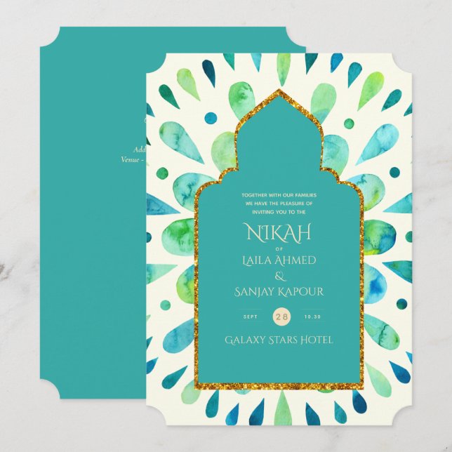 NIKAH - Modern Mandala Turquise Guld Bröllop Inbjudningar (Fram/baksida)
