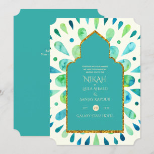 NIKAH - Modern Mandala Turquise Guld Bröllop Inbjudningar