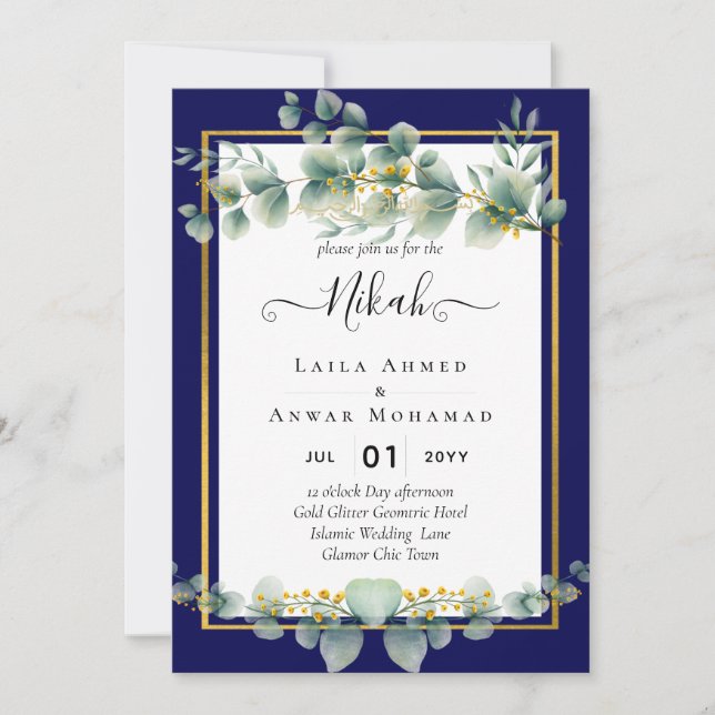 NIKAH NAVY BLUE GULD Greenery Eucalyptus Bröllop Inbjudningar (Framsida)