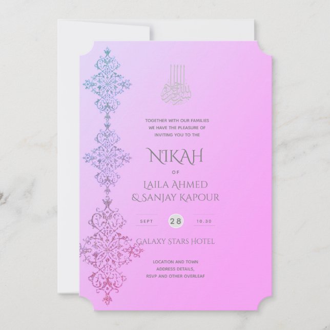 NIKAH - Ornate Islamic Guld  Rosa Bröllop Inv Inbjudningar (Framsida)