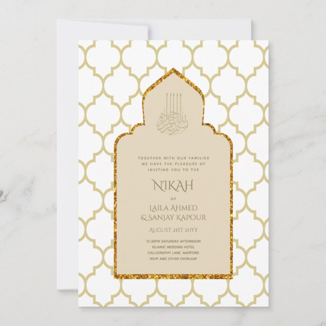 NIKAH - Ornate Islamic Mosque Guld Bröllop Inbjudningar (Framsida)