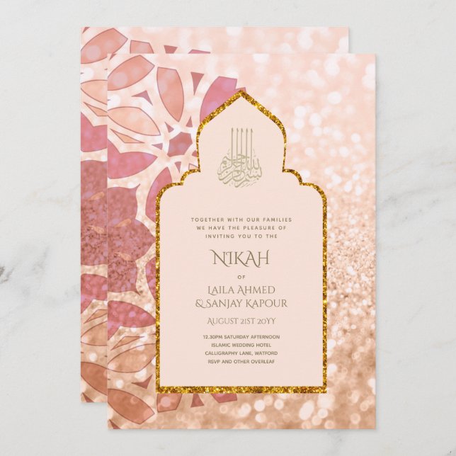 NIKAH - Ornate Rosegold Rosa Guld Bröllop bjudati Inbjudningar (Fram/baksida)