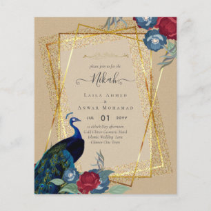 NIKAH Peacock Blommigt Guld Ram Islamiska Bröllop Flygblad