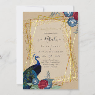 NIKAH Peacock Blommigt Guld Ram Islamiska Bröllop Inbjudningar