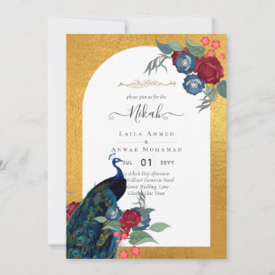 NIKAH Peacock Blommigt Guld Ram Islamiska Bröllop Inbjudningar