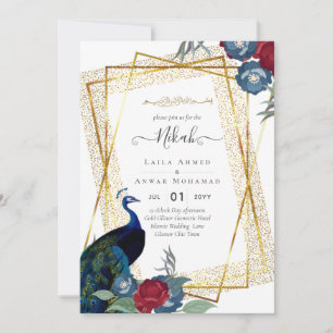 NIKAH Peacock Blommigt Guld Ram Islamiska Bröllop Inbjudningar