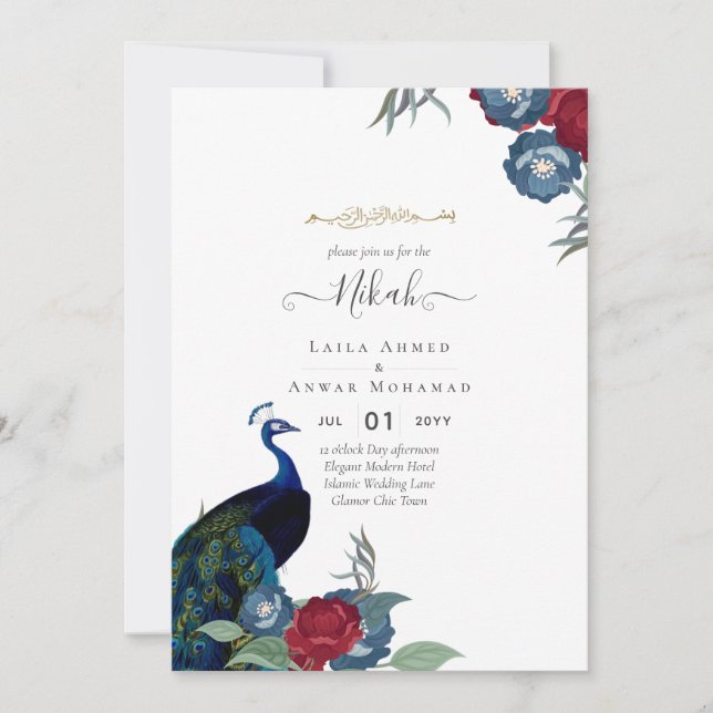 NIKAH Peacock Blommigt Walimah Islamic Bröllop Inv Inbjudningar (Framsida)