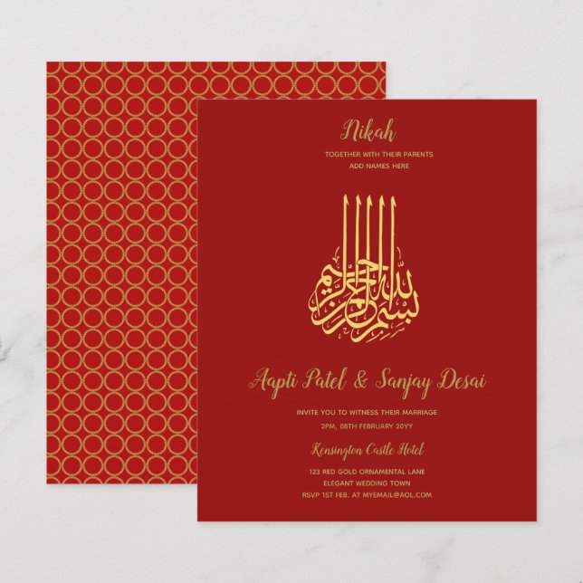 Nikah - Red Guld Islamic Motif Bröllopsinbjudninga (Fram/baksida)
