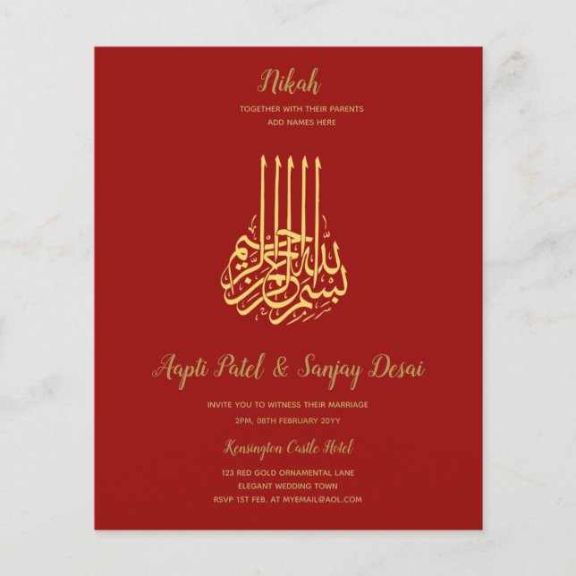 Nikah - Red Guld Islamic Motif Bröllopsinbjudninga Flygblad (Framsidan)