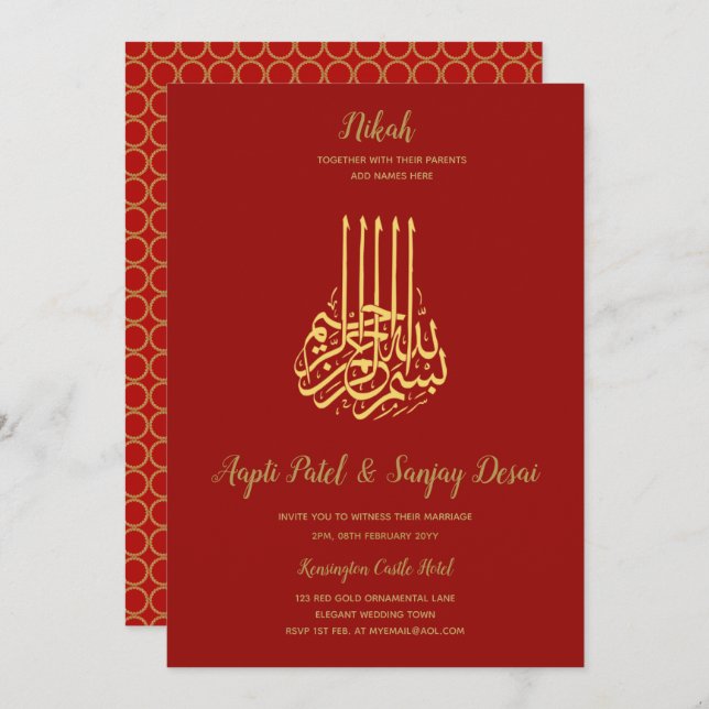 Nikah - Red Guld Islamic Motif Bröllopsinbjudninga Inbjudningar (Fram/baksida)