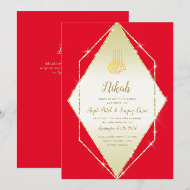 Nikah Red Guld Islamic Motif Wedding bjudes in Inbjudningar (Fram/baksida)