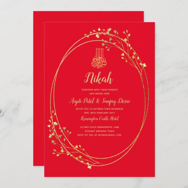 Nikah Red Guld Islamic Motif Wedding bjudes in Inbjudningar (Fram/baksida)