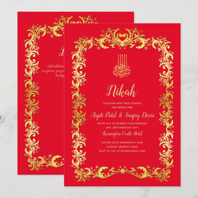 Nikah Red Guld Islamic Motif Wedding bjudes in Inbjudningar (Fram/baksida)
