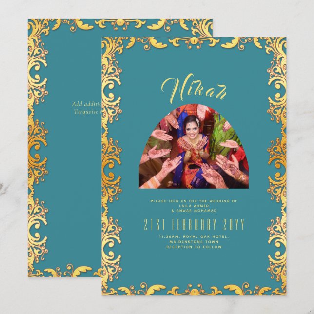 NIKAH Teal Guld PHOTO Islamic Wedding bjudande in Inbjudningar (Fram/baksida)
