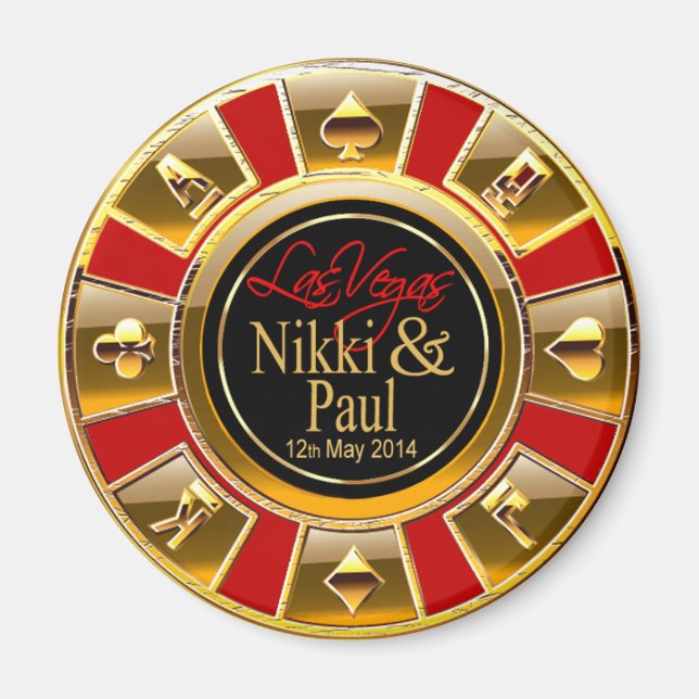 Nikki & Paul Las Vegas Guld Casino Chip Favor Magnet (Framsidan)